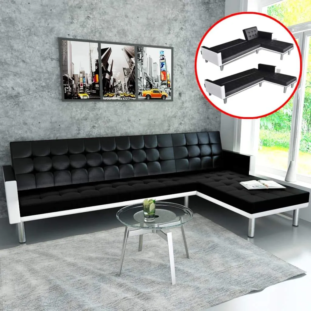 VIDA XL L-Shaped Faux Leather Sofa Bed Lounger